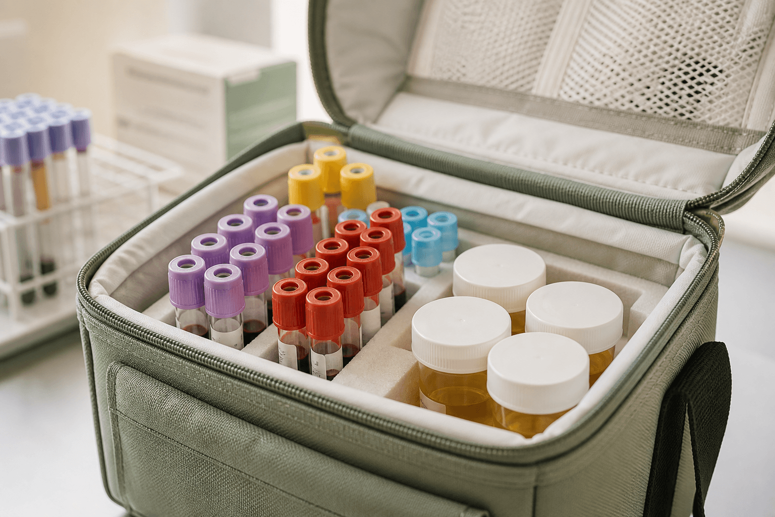 Blood and urine specimens ready for lab courier transport