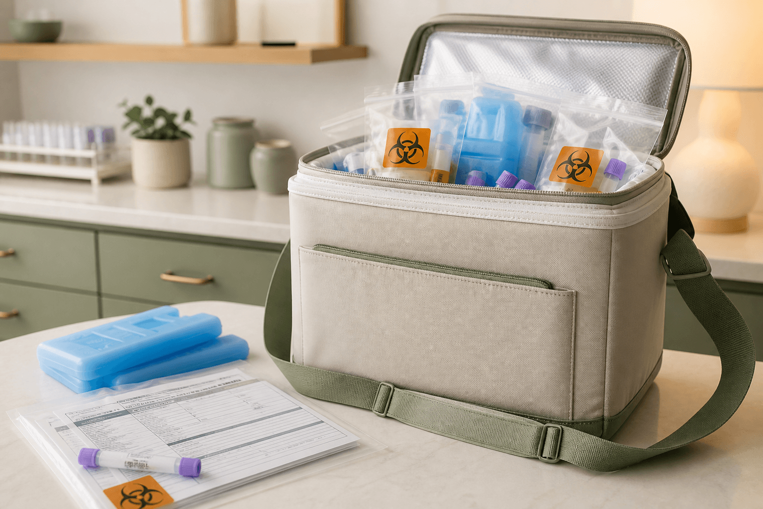 Insulated specimen cooler and lab paperwork for secure transport